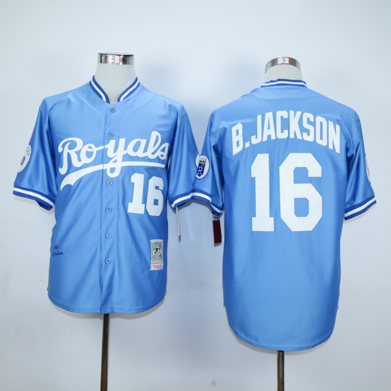 Men Kansas City Royals 16 B.Jackson Light Blue Throwback 1987 MLB Jerseys